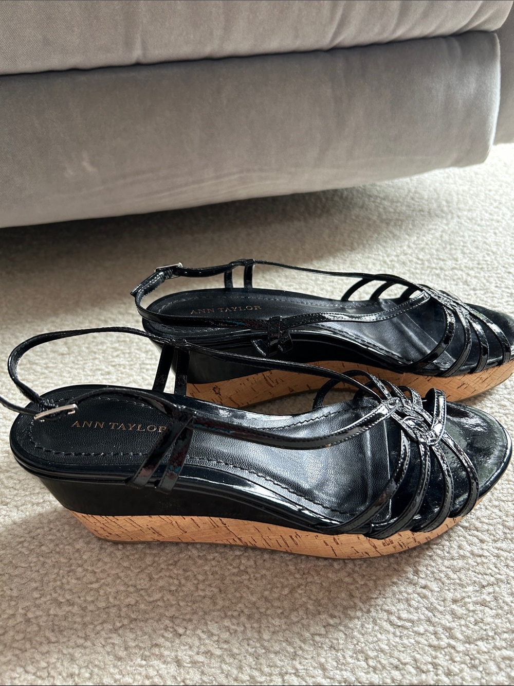 Ann Taylor Black Patent Cork Wedge Sandals with Strappy Slingback